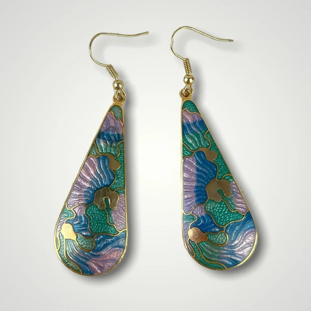 🚫SOLD🚫 VTG 80’s Pastel & Gold Cloisonné Enamel Earrings ✨ Tear Drop Fish and - Picture 14 of 15